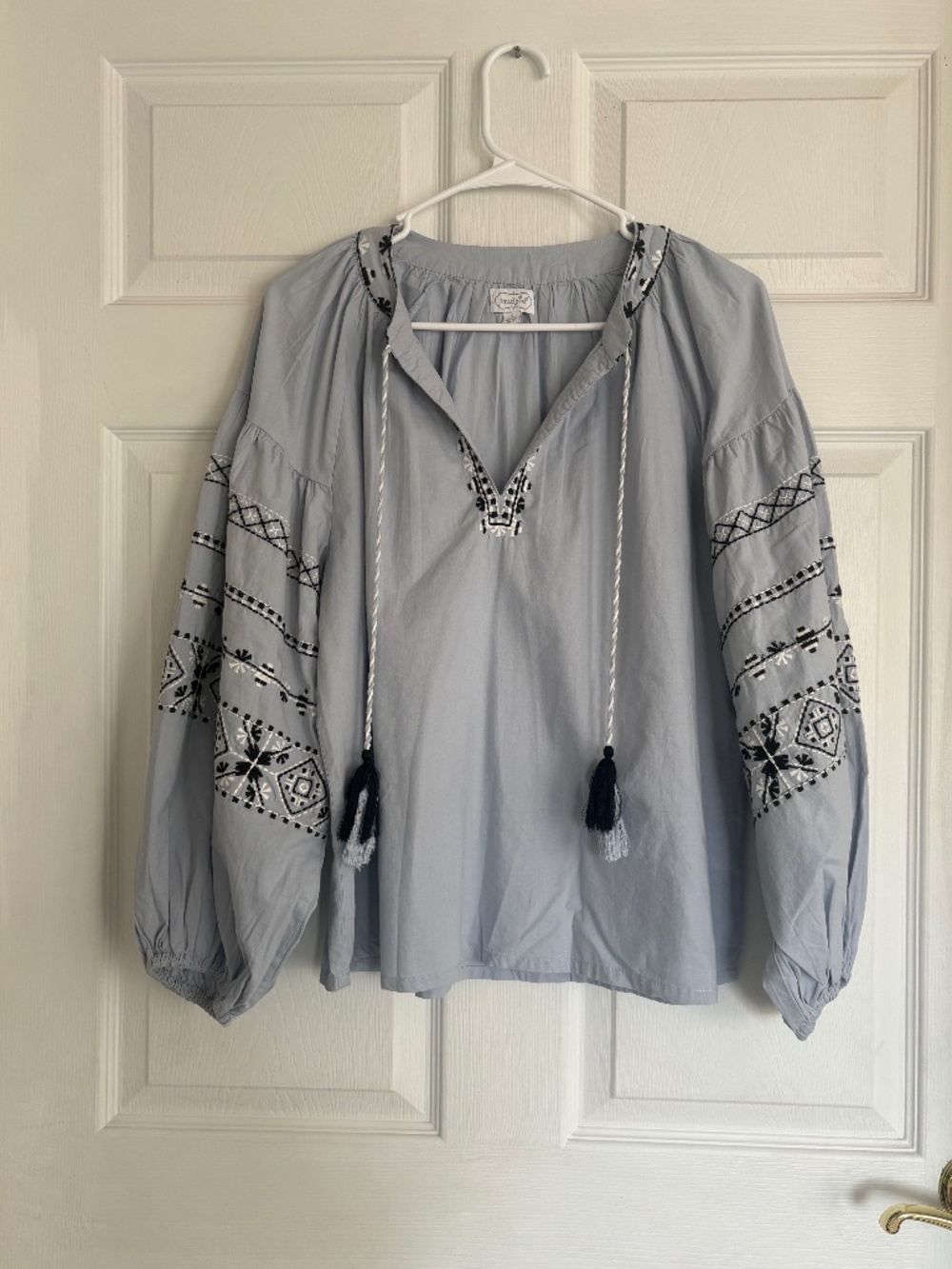 Mudpie Boho Blue Embroidered Tassel Peasant Blouse